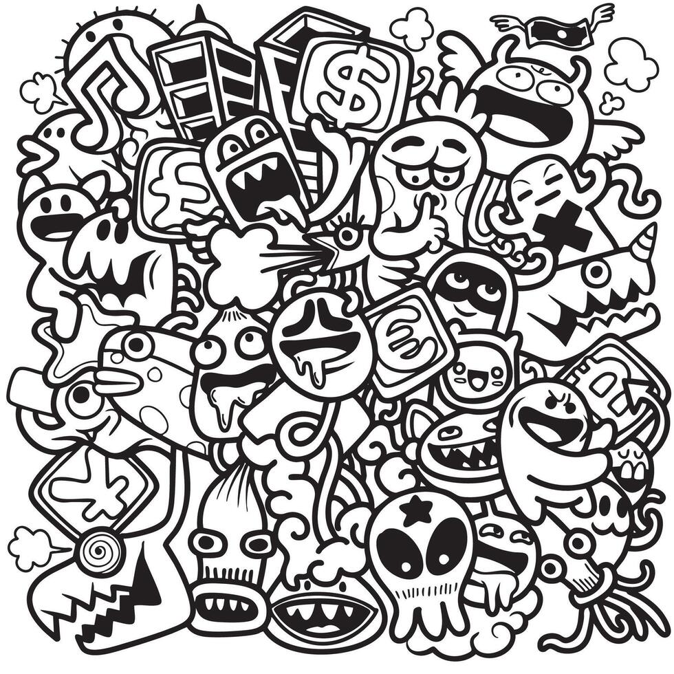 Chaotic doodle art with money and monster icons vector