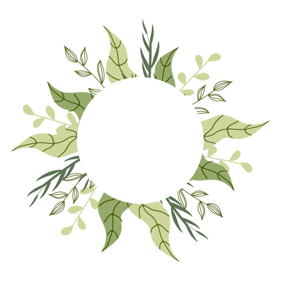 A beautifully designed circular text frame made of vibrant green branches and leaves. Perfect for invitations, greeting cards, logos, and nature-themed designs. Isolated on a white background. vector