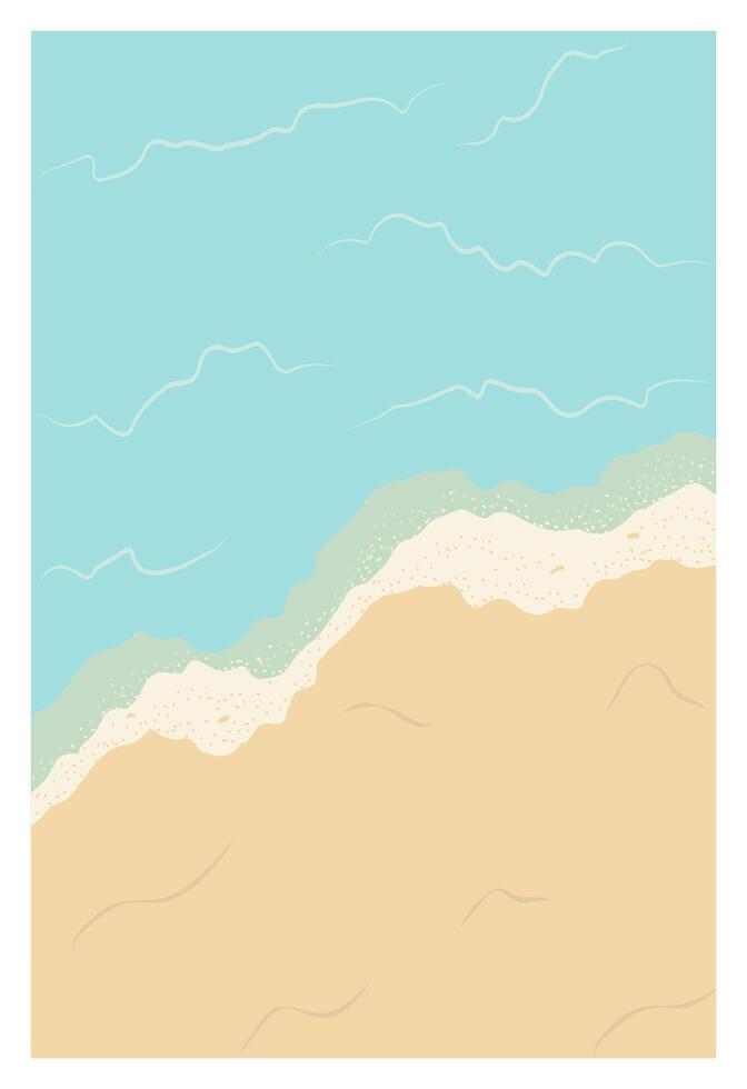 Minimalist summer illustration of a sandy beach with gentle ocean waves. Soft pastel colors create a relaxing and tropical vibe. Perfect for backgrounds, travel designs, vacation themes. vector