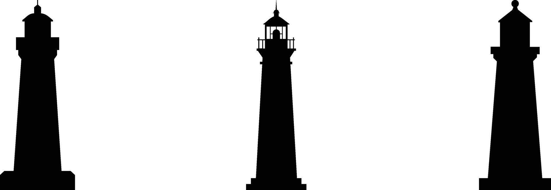 Three Lighthouse Silhouettes Coastal, Maritime, Navigation Beacons vector