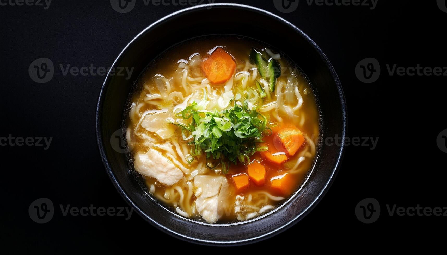 Broth tender chicken noodles vegetable hot spicy soup on black bowl photo