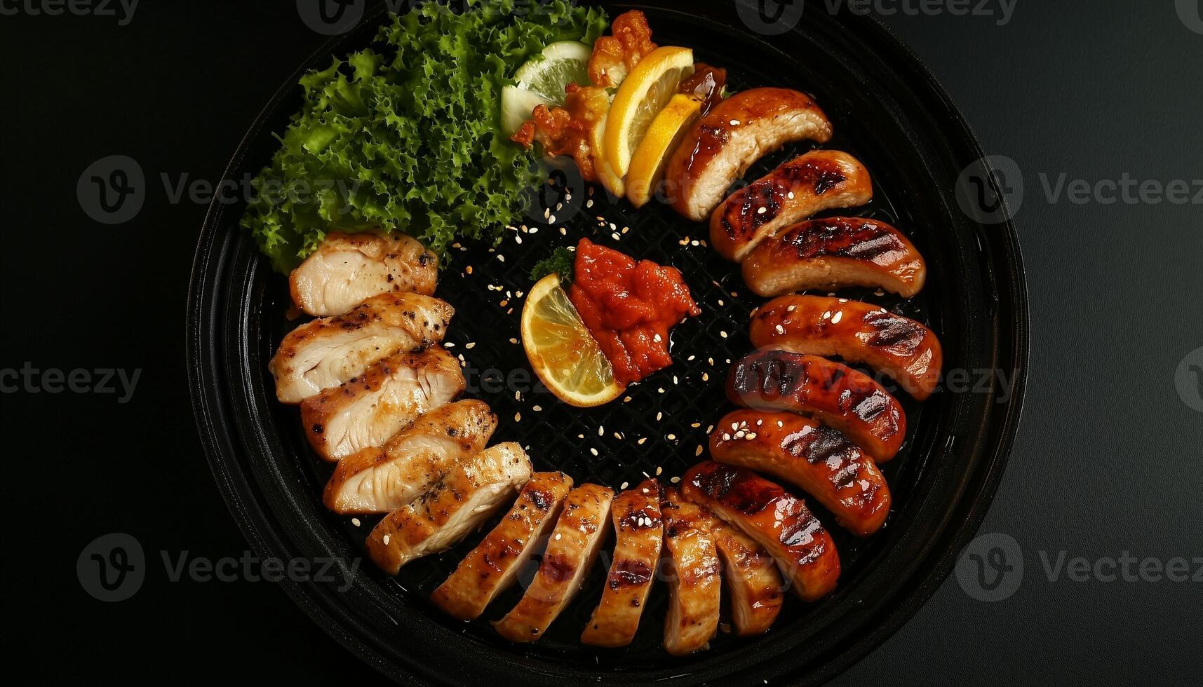 Chicken grill slice baked with lemon and parsley on iron frying pan dark background photo