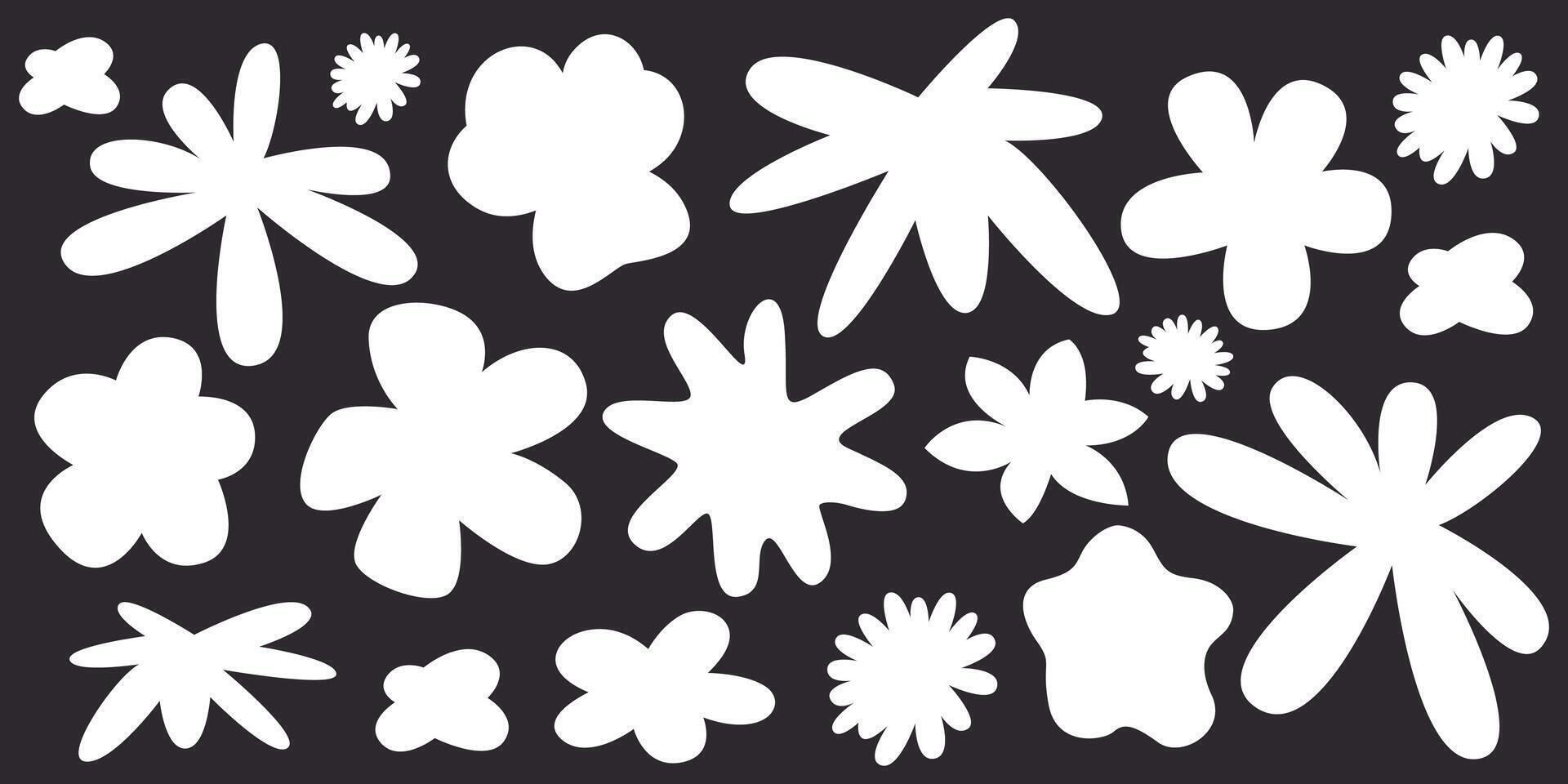 Botanical set of abstract white flowers. Organic floral doodles, leaves of different shapes. Trendy hippie funky shapes in cartoon retro style. cartoon illustration vector