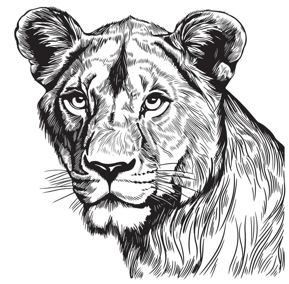 Lioness portrait lion head sketch hand drawn engraving style Wild animals illustration vector