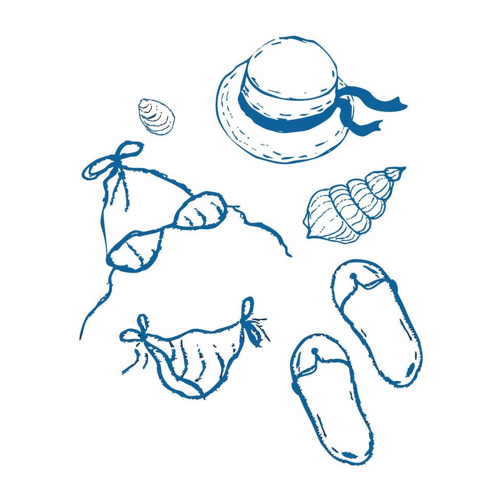 Summer seashore sea tourism, rest sketch drawing. Swimsuit straw hat with ribbon seashell, Line hand drawn beach party elements. Vacation doodle tropical print. vector