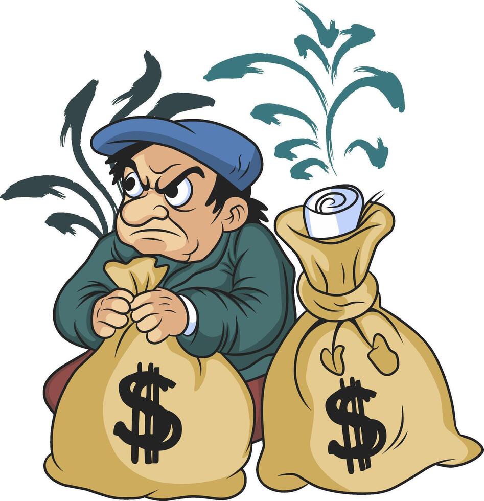 cartoon illustration of a homeless man hiding his wealth vector