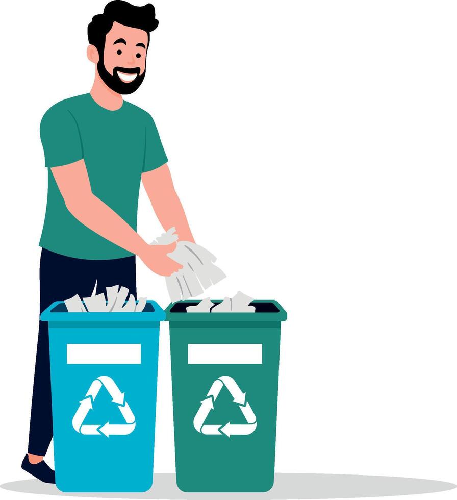 A flat illustration of a smiling man sorting waste into recycling bins marked with the universal recycling symbol vector