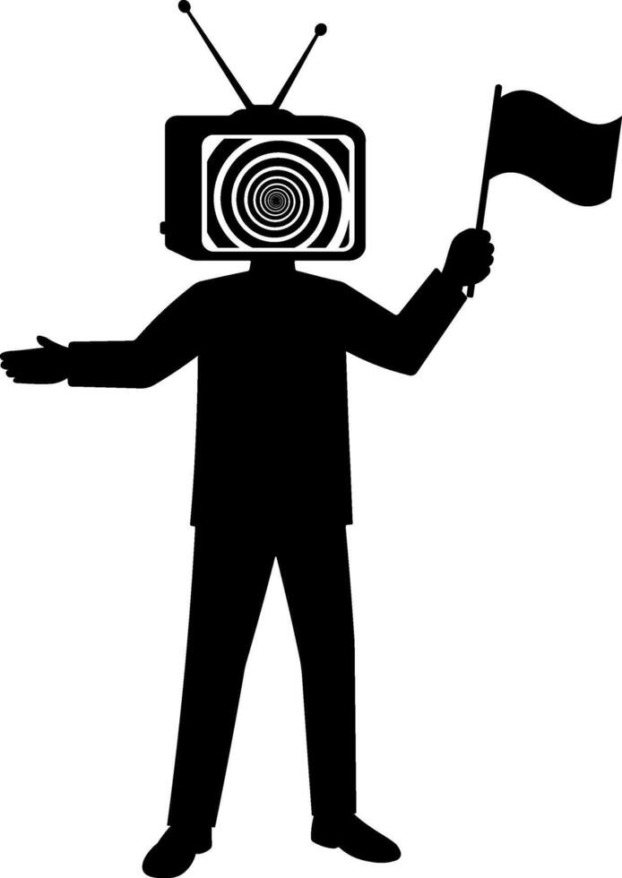 black silhouette of a man with a TV instead of a head, with which he hypnotizes the viewer and a flag in his hand vector