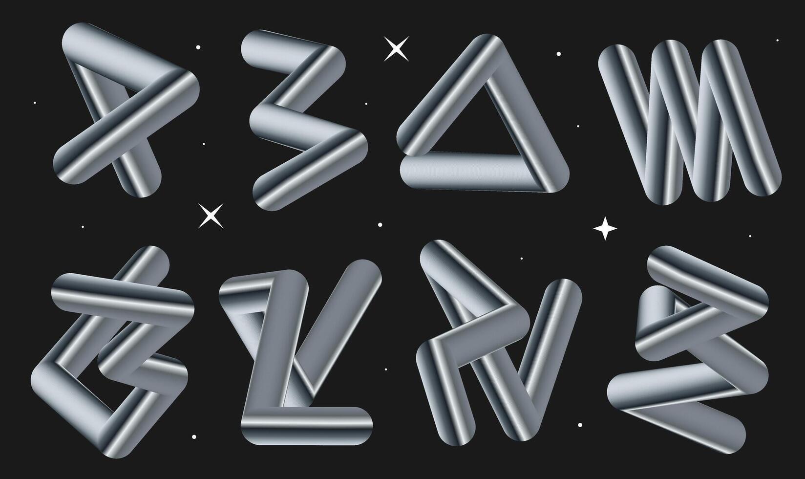 Set of metallic gradient line shapes. Geometric shiny 3d blend stroke. Design elements vector