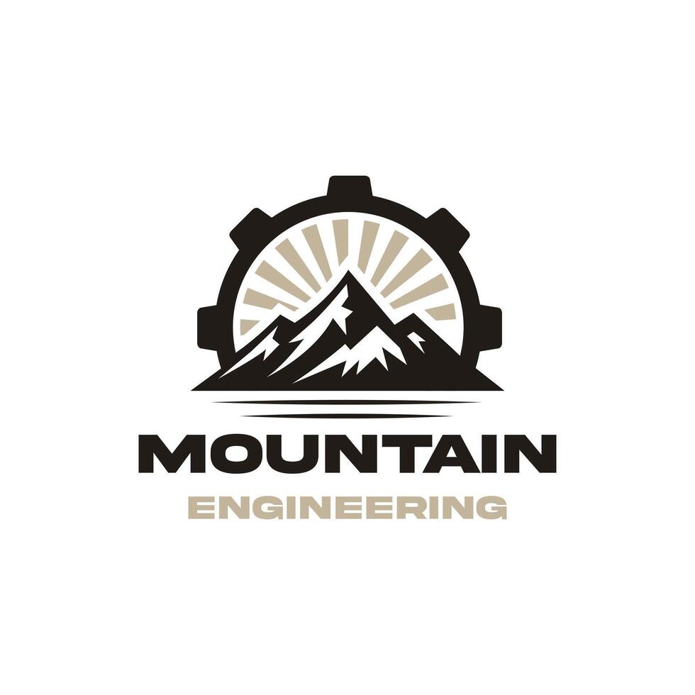 Gear cog wheel with mountain and sun for outdoor journey adventure travelling logo design vector