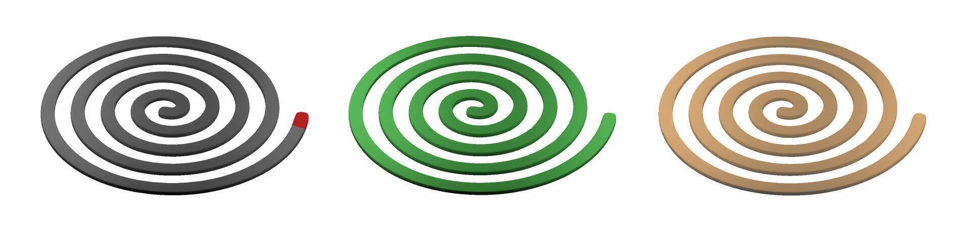 Three mosquito repellent coils in black, green, and brown isolated on white background, used for insect control. One black coil is partially burned, releasing smoke to repel mosquitoes indoors and vector