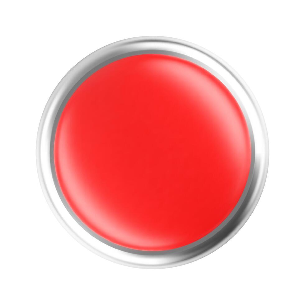 Large emergency red button 3d with a metallic silver frame, isolated on a white background. Shiny surface reflects light, creating a realistic 3D effect. Symbol of warning, urgency, and control vector
