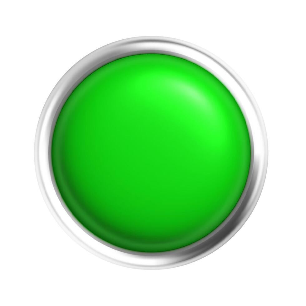 Glossy Green Button with Metallic Silver Frame Isolated on White Background, Shiny Round Push Button Symbolizing Approval, Activation, or Start, 3D Illustration for Interface Design vector
