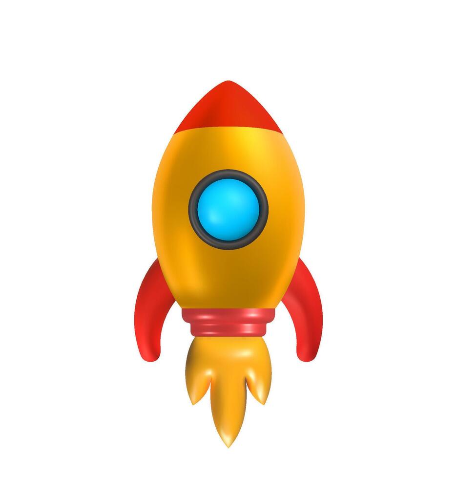 Colorful 3d rocket isolated with a yellow body, red fins, and a blue circular window, isolated on a white background. Futuristic space exploration icon with a playful, glossy, and toy design. vector