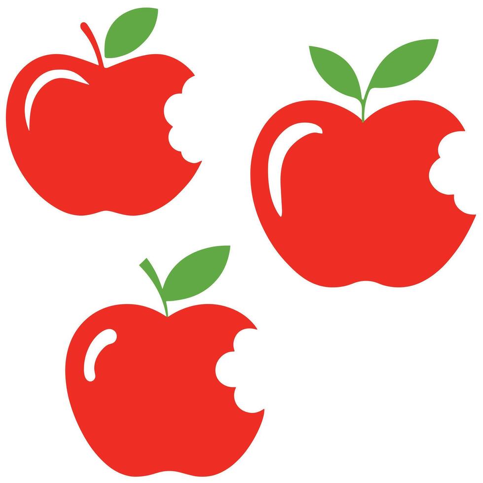 Bright red apples with bite marks and green leaves in flat style ideal for food design and education themes vector