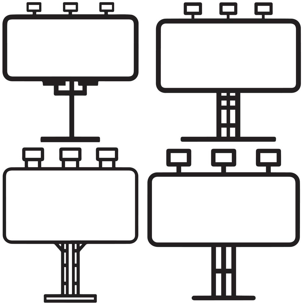 Clean black and white icons of billboards with lights and poles ideal for signage branding and marketing vector