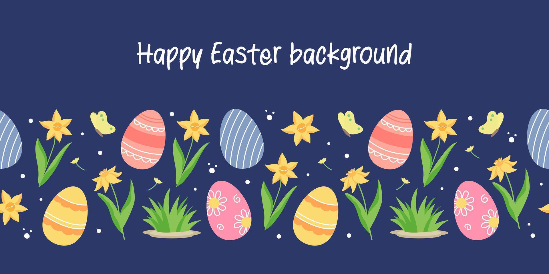 Happy Easter seamless border. Easter eggs and flowers daffodils on blue background. vector