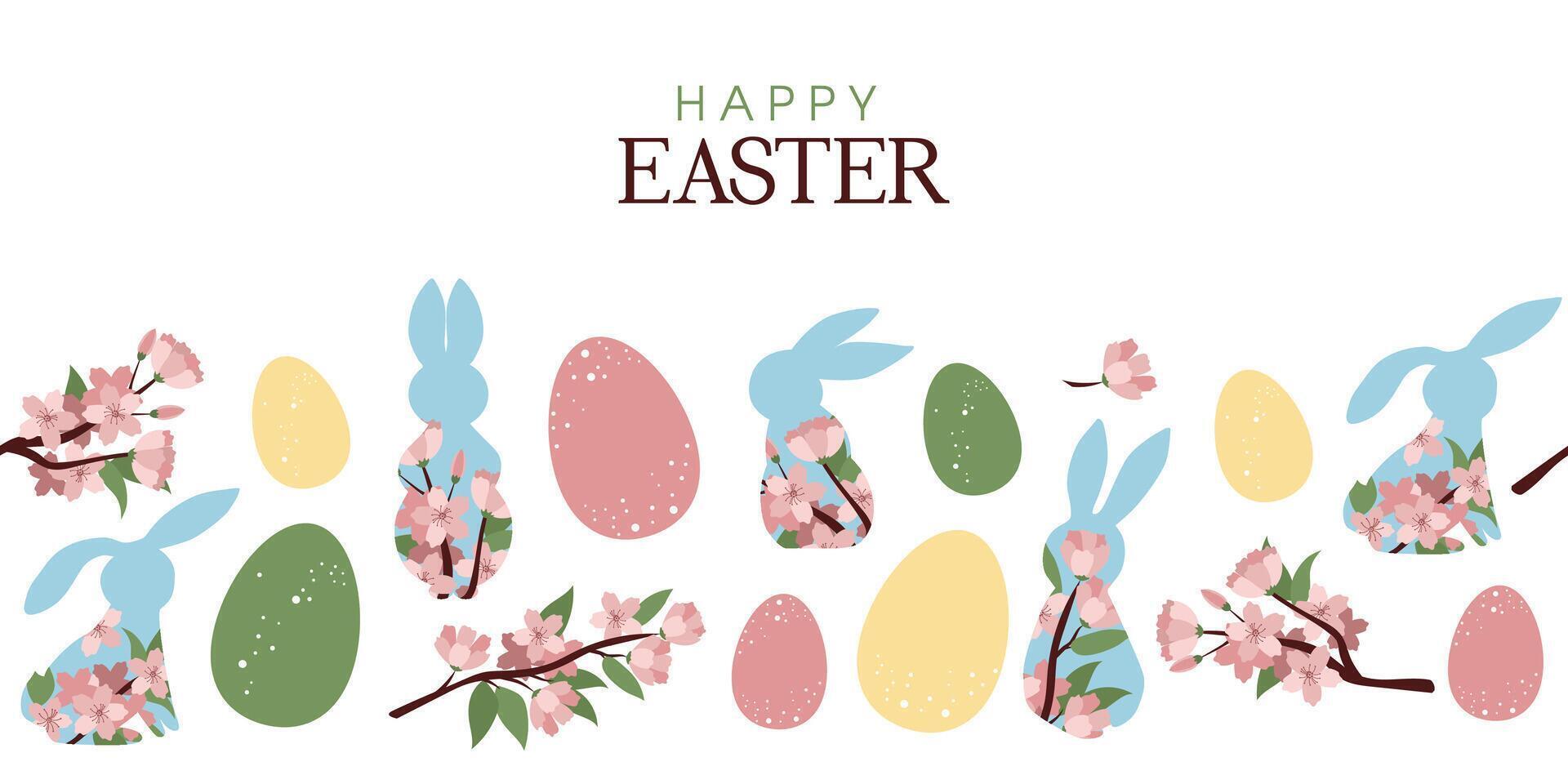 Stock happy easter banner. trendy easter design with border made of eggs bunnies and spring flowers. vector