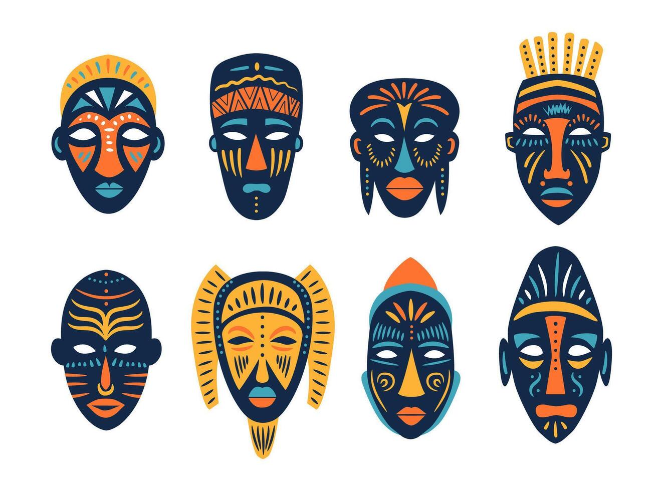 Set of colorful african ethnic tribal ritual masks of different shapes. vector