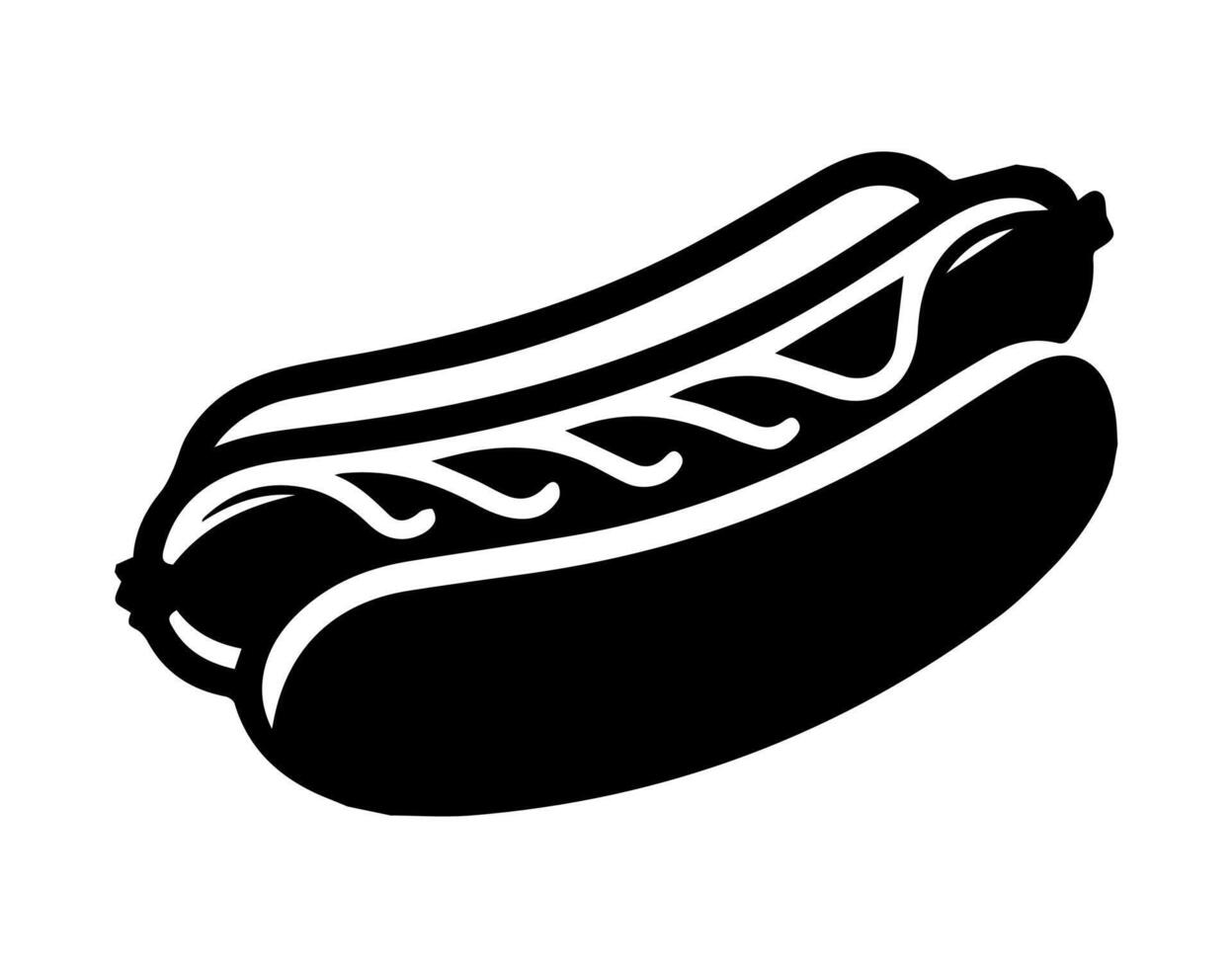 Black and White Hot Dog Silhouette with Mustard. A bold and simple black and white illustration of a hot dog with mustard, representing fast food and casual dining. vector