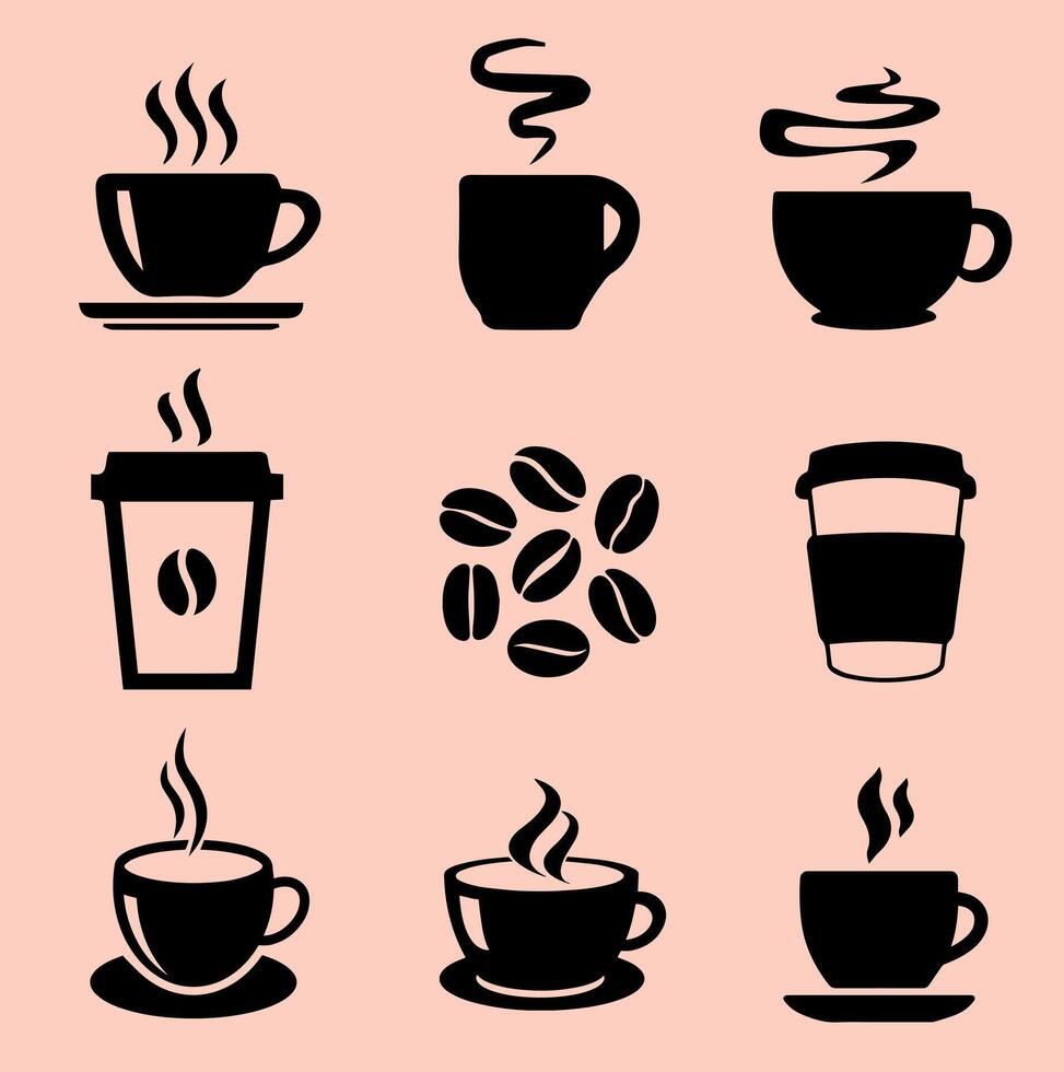 Coffee Icons Set with Steam and Beans. A collection of minimalistic black coffee-related icons featuring cups, steam, and coffee beans on a soft beige background. vector