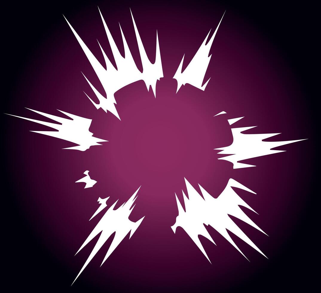 Purple Energy Explosion with Sharp Edges. A powerful energy burst effect in bright purple and white tones, radiating sharp lightning-like spikes outward. vector