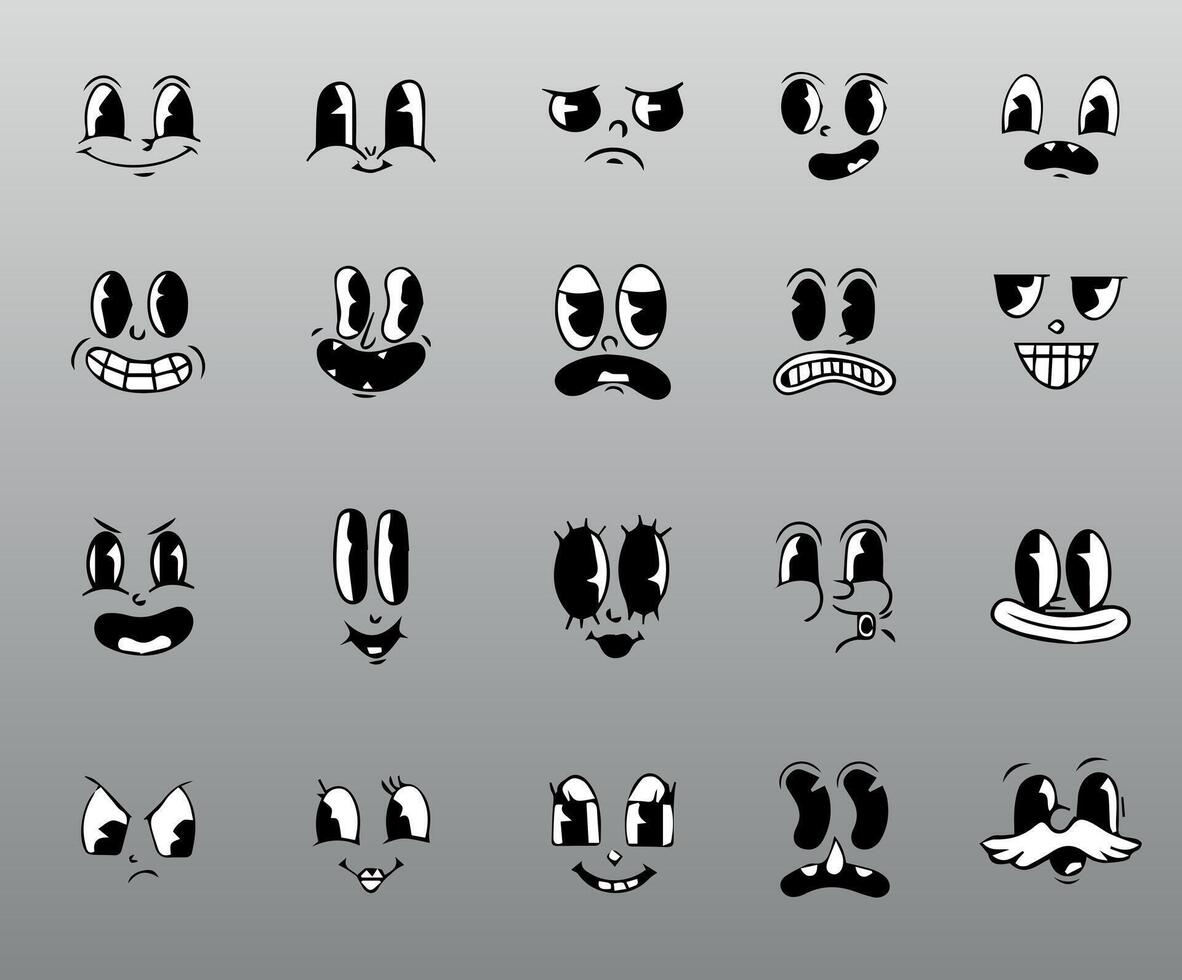 Cartoon Facial Expressions Collection. A fun and expressive collection of cartoon eyes and mouth designs showcasing different emotions and moods. vector