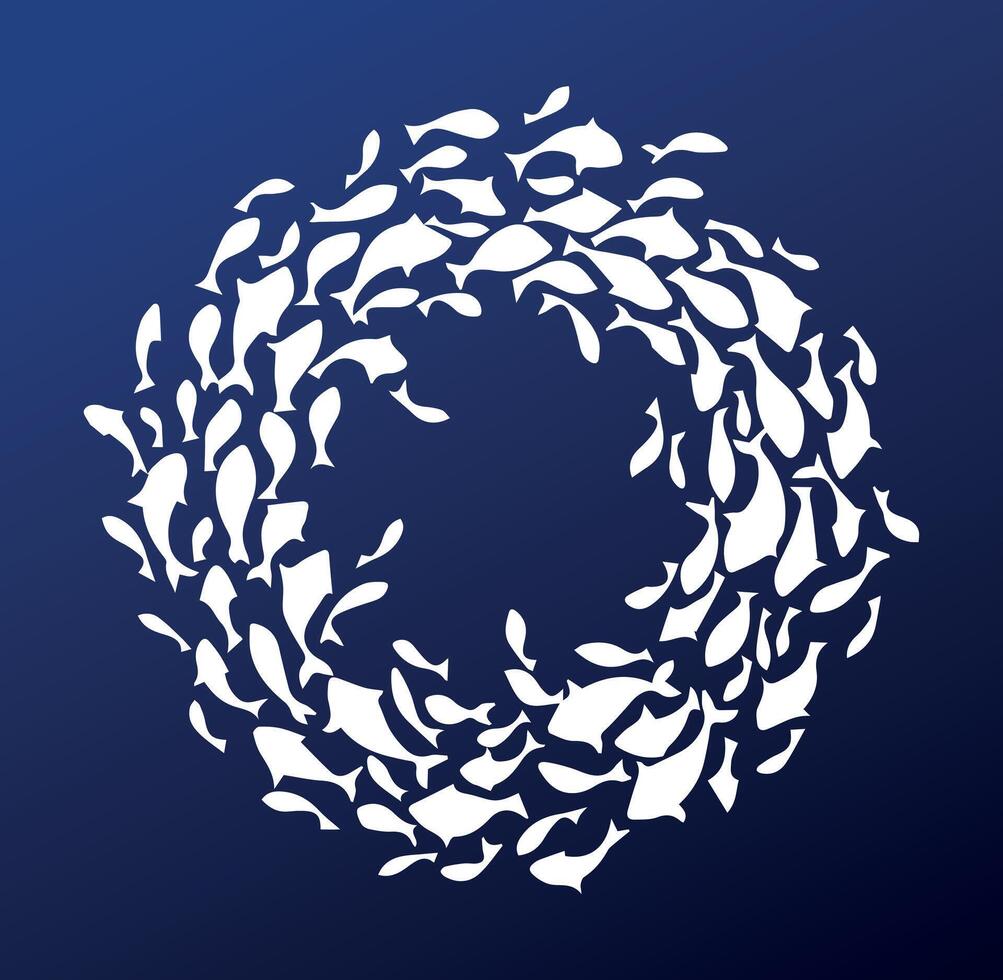 Swirling Fish Circle on Deep Blue Background. A mesmerizing illustration of fish swimming in a perfect circle, symbolizing nature, balance, and harmony. vector
