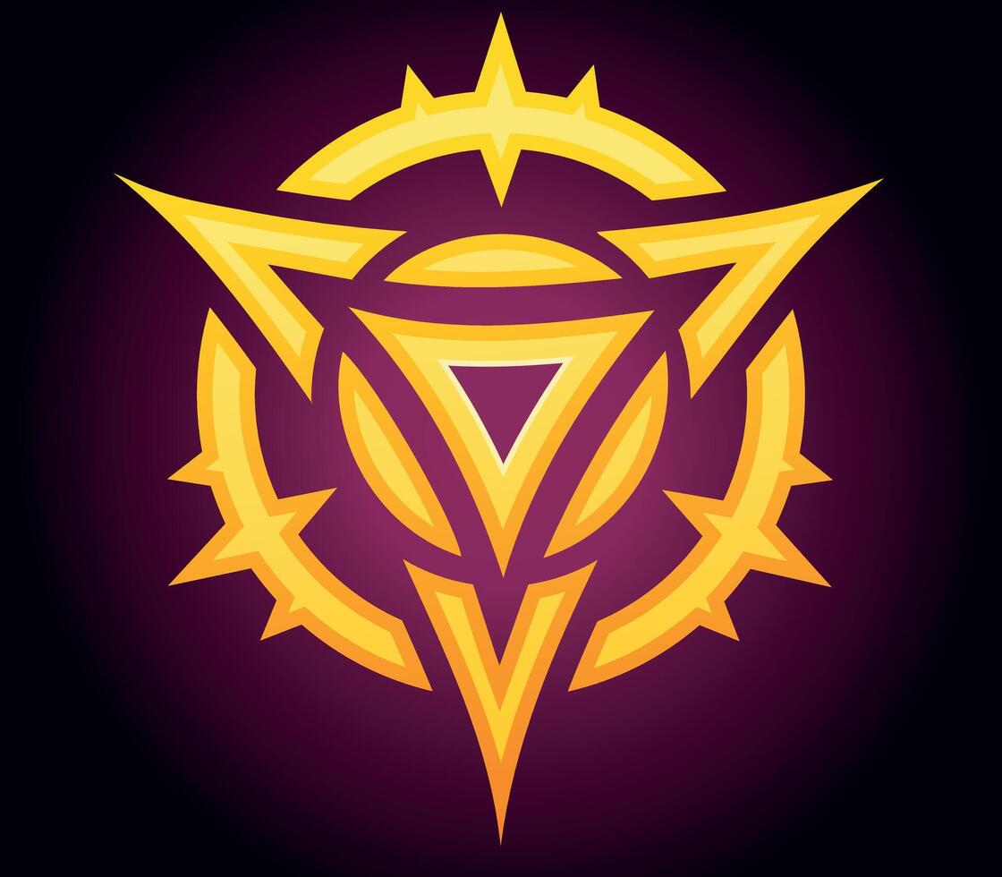Golden Abstract Emblem with Glowing Edges. A futuristic golden emblem with sharp, glowing edges on a dark gradient background, resembling a powerful symbol or logo. vector