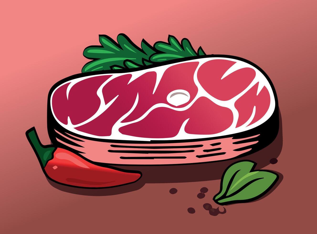 Delicious Steak Illustration with Garnish. A mouth-watering digital illustration of a juicy steak with herbs and chili pepper on a warm background. vector