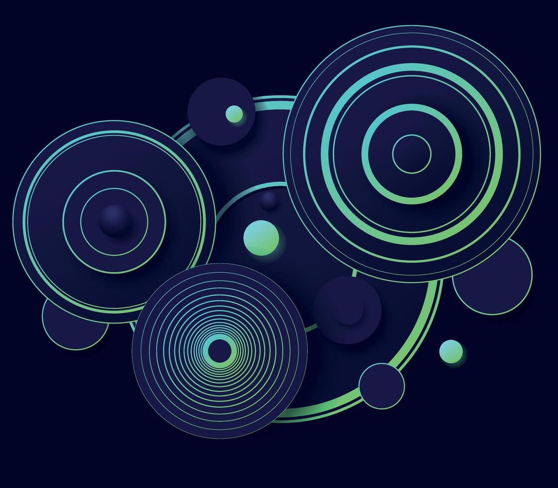 Abstract Futuristic Circular Geometry with Neon Glow. A digital abstract design featuring interconnected glowing circles and futuristic neon-green rings on a dark background. vector