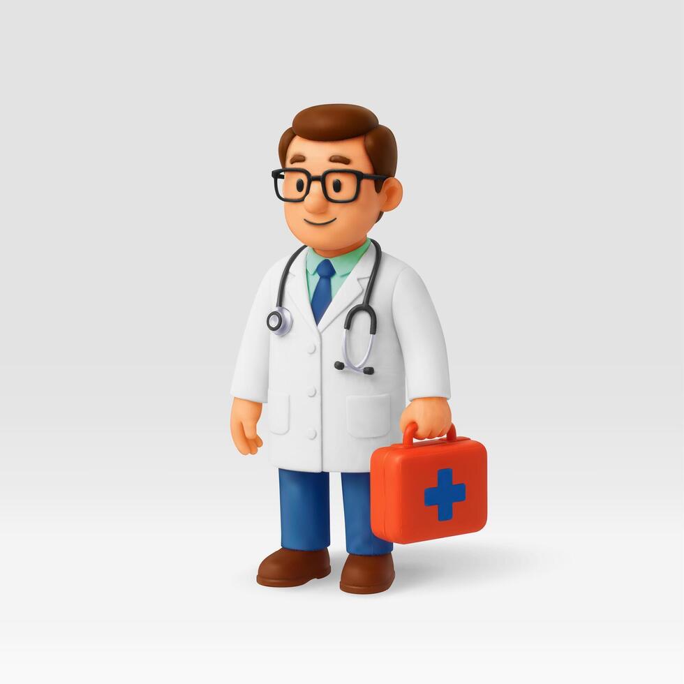 3d male doctor in white coat isolated. Render doctor holding first aid kit icon. Healthcare and emergency services, medical professional character. Medical and health care. vector