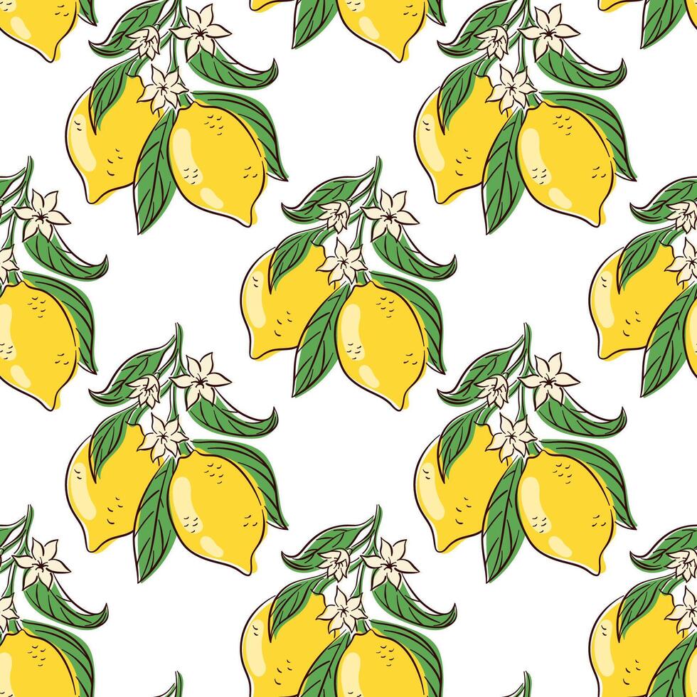 Seamless pattern with ripe yellow lemon, green leaves and white flowers in flat style. Perfect for fabric print, packaging, wallpaper, summer design and fresh fruit themed project. vector