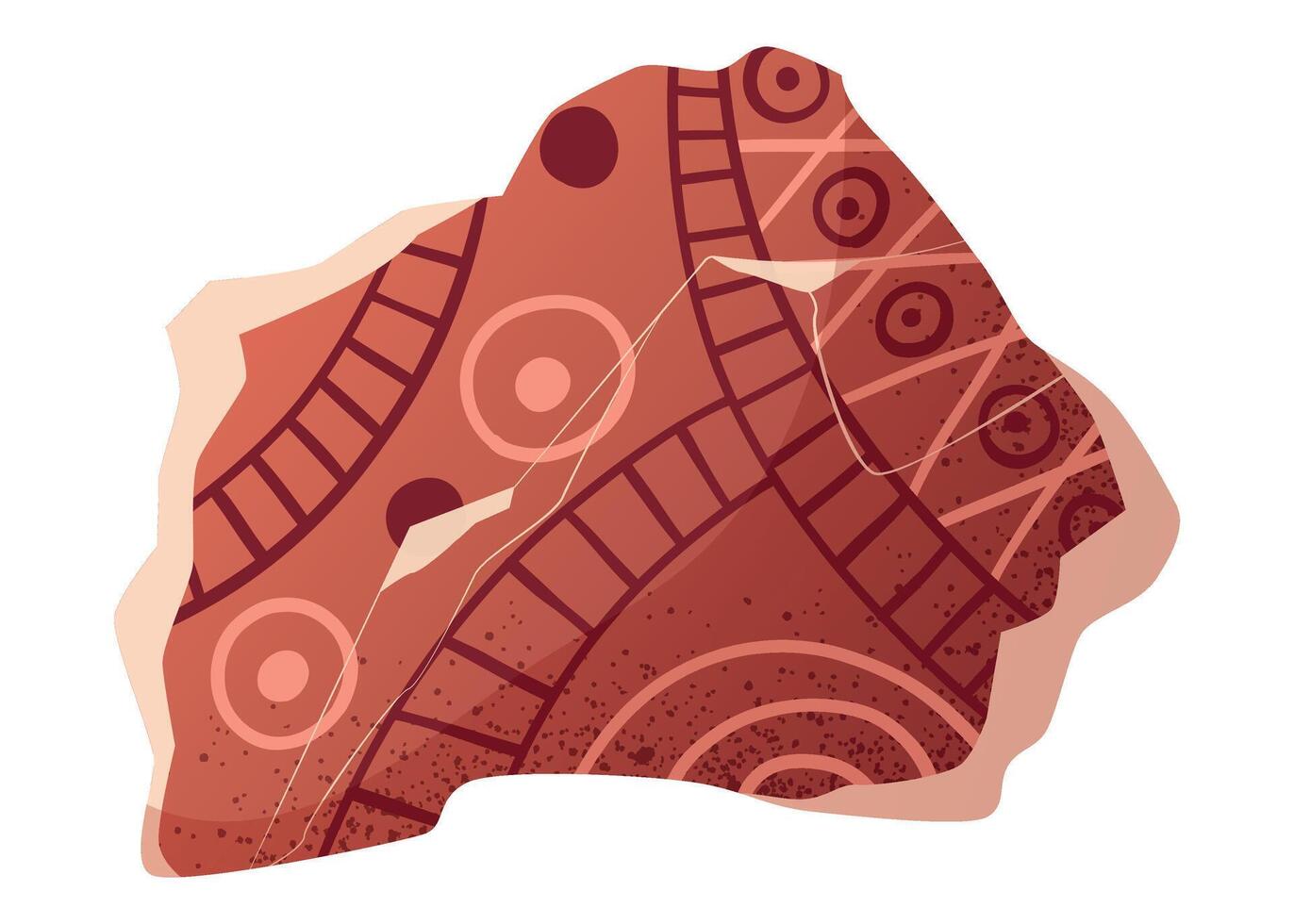 isolated cartoon illustration of broken mosaic tile fragment with geometric patterns. Ancient ceramic shard with decorative ornament in earthy colors. vector