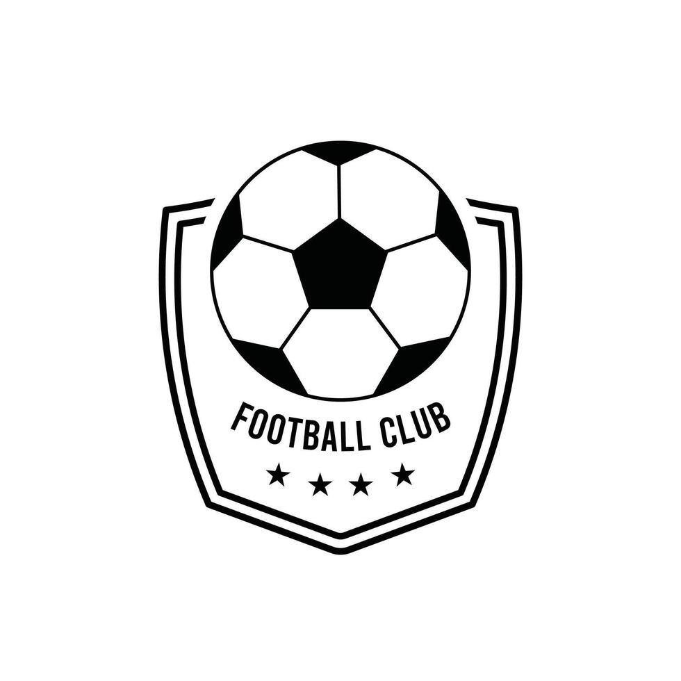 Football club logo design featuring a classic black and white shield shape with a soccer ball and stars in a minimal format vector