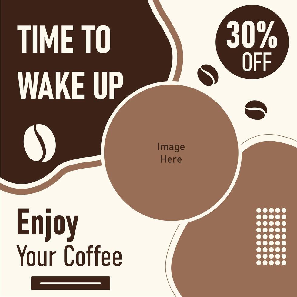 Design promoting coffee enjoyment with discount information, modern aesthetic featuring organic shapes, perfect for cafes or marketing campaigns vector