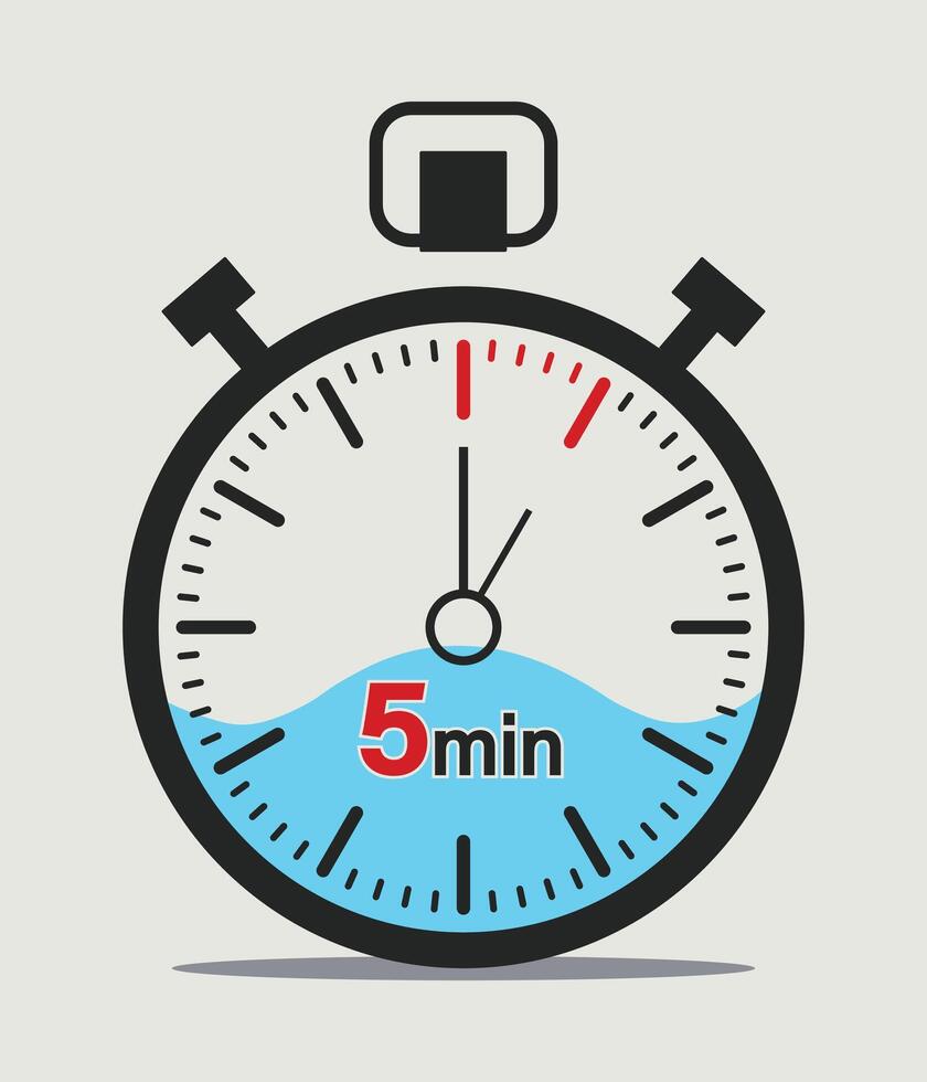 Stopwatch showing five minutes with blue liquid, suitable for time management and productivity illustrations in minimal style vector