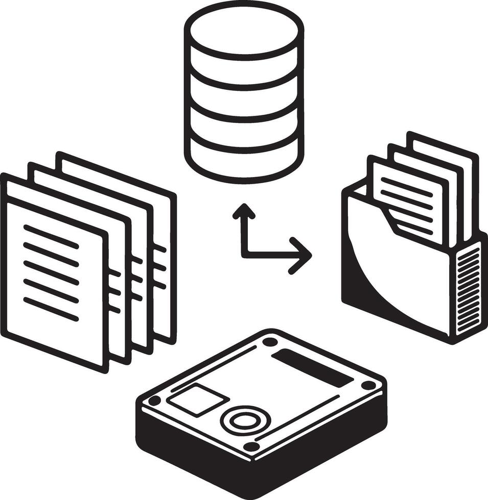 Data and document icon. Database, documents, CPU, and data center icon in flat filled and outline stroke line art. vector