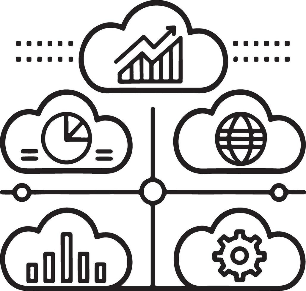Cloud analysis stroke line art and filled outline icon set, illustration isolated on a white background. vector