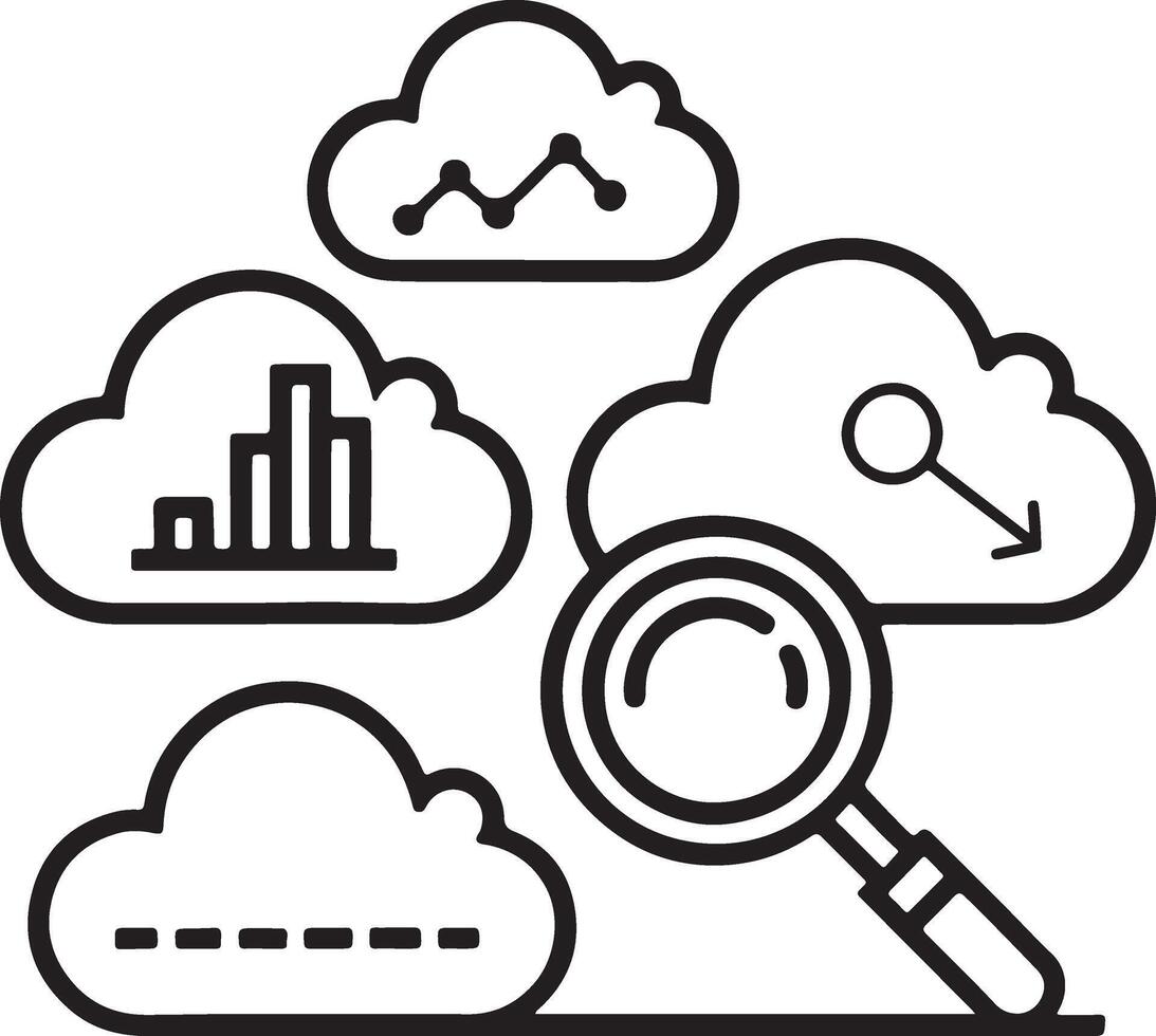 Digital online web cloud analysis stroke line and filled outline icons. vector