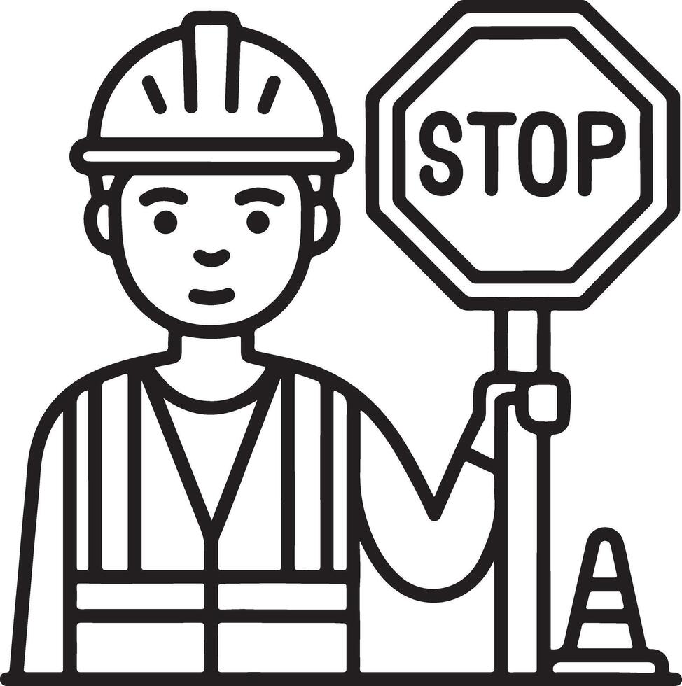 Work safety and stop here and illustration icon. Be awareness, labor protected, traffic cone icon in flat filled and outline stroke line art. vector