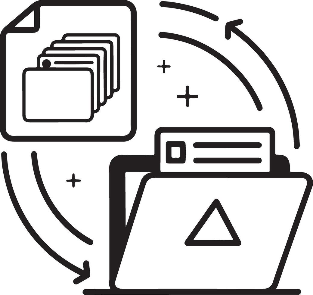 Folder into file data transfer icon in flat filled and outline stroke line art. vector
