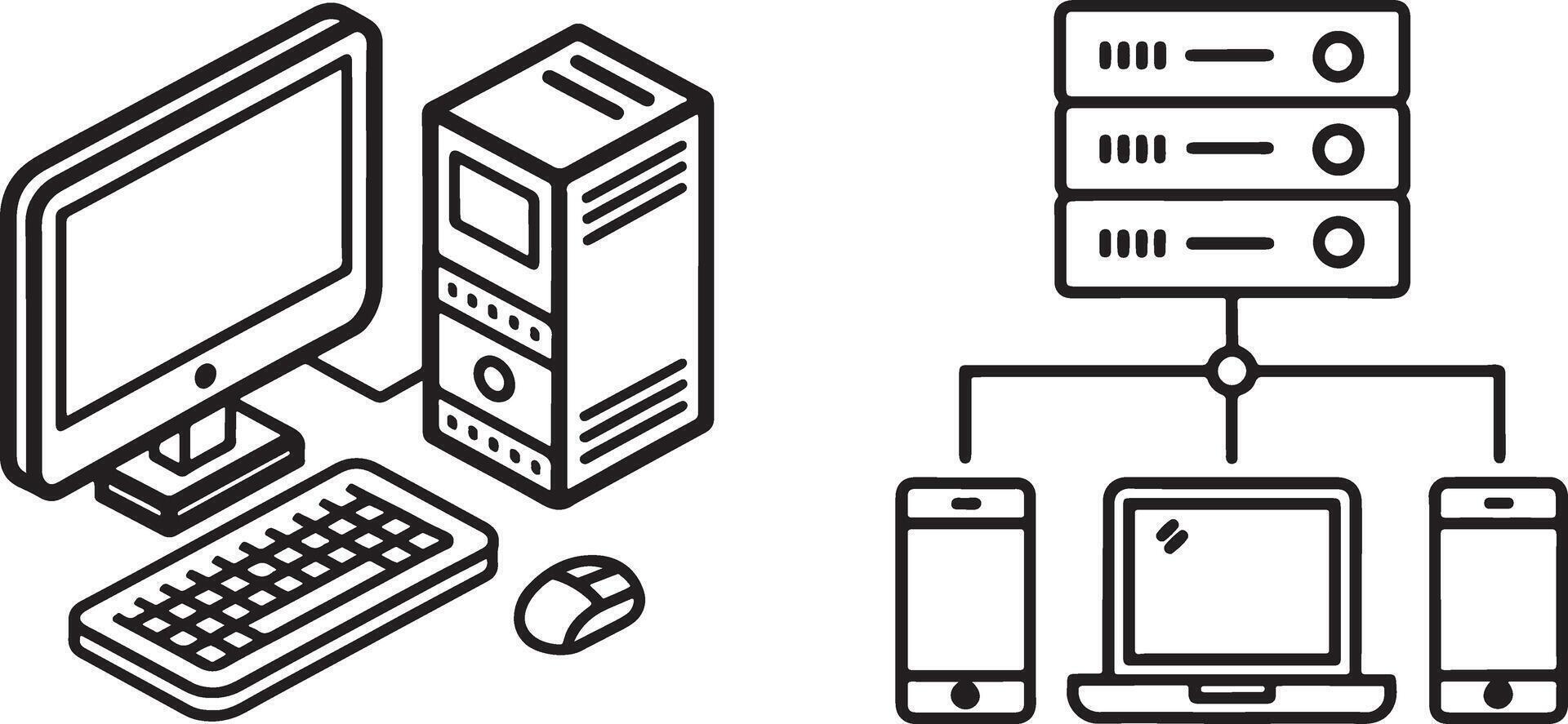 Server and hosting icon. Server connection with data center and computer icon in flat filled and outline stroke line art. vector