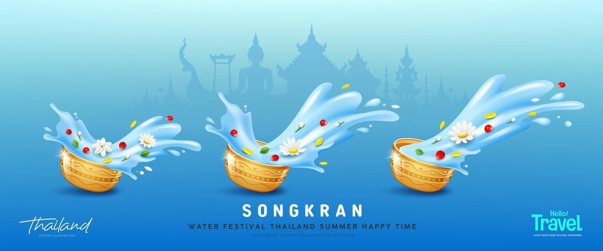 Songkran water festival thailand, flowers in a water bowl water splashing, banner design collections on blue background vector