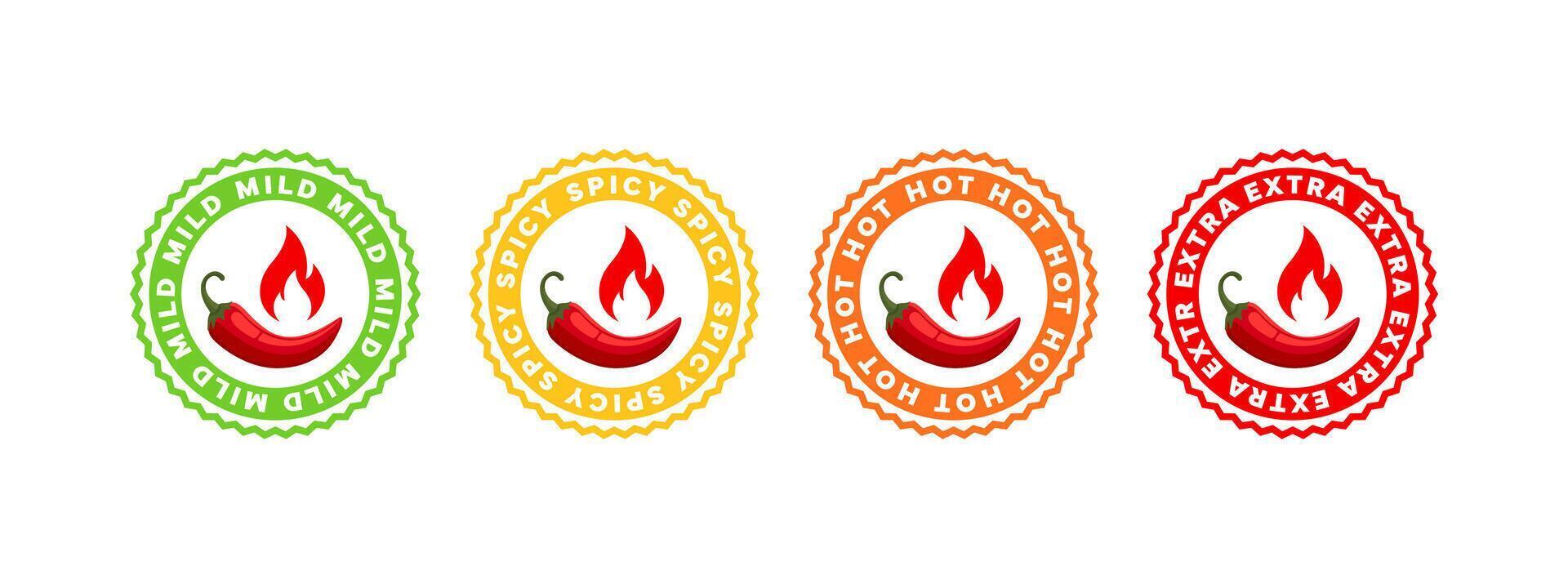 Spicy level icons. Red Chili Peppers badges vector