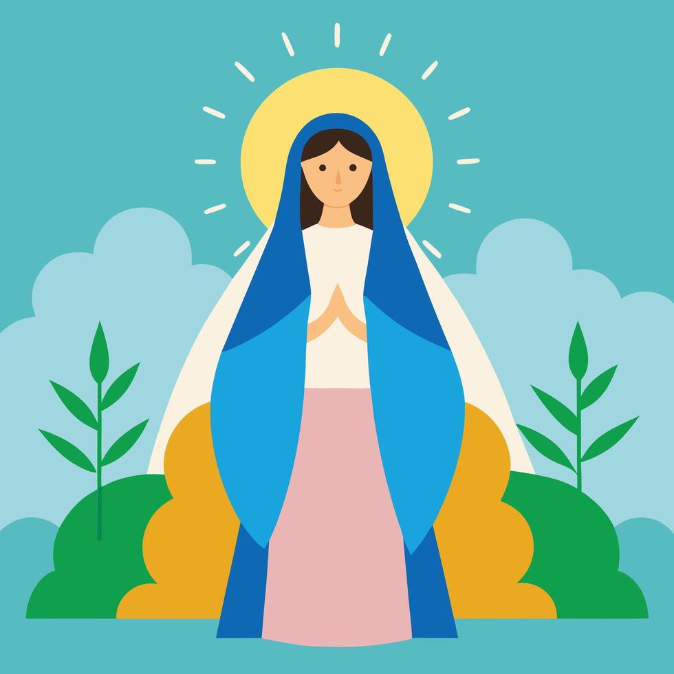 the virgin mary is standing in front of a tree concept vector