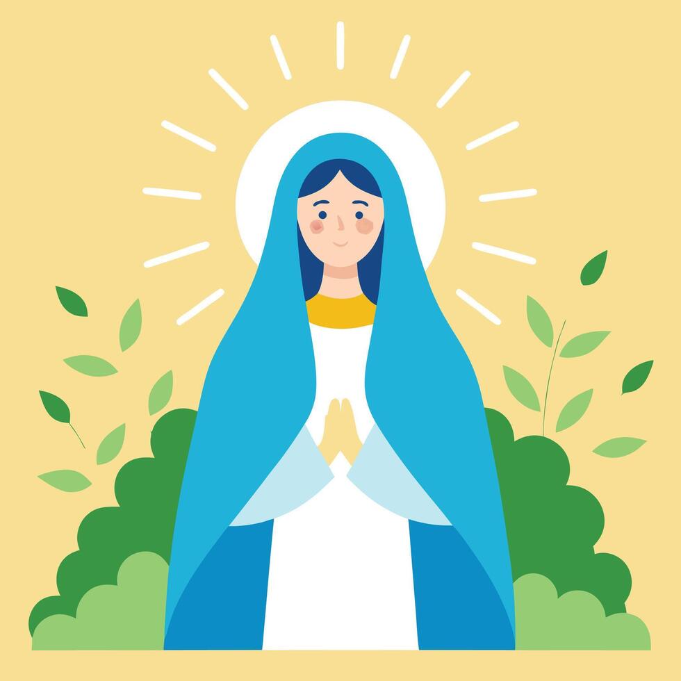the virgin mary is standing in front of a tree vector