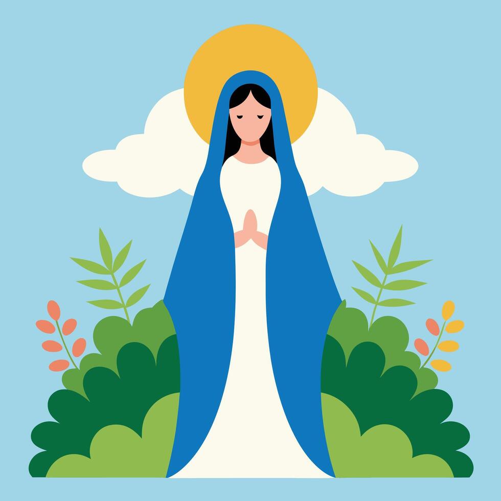 The Virgin Mary in a peaceful garden, with rays of light symbolizing the Annunciation vector