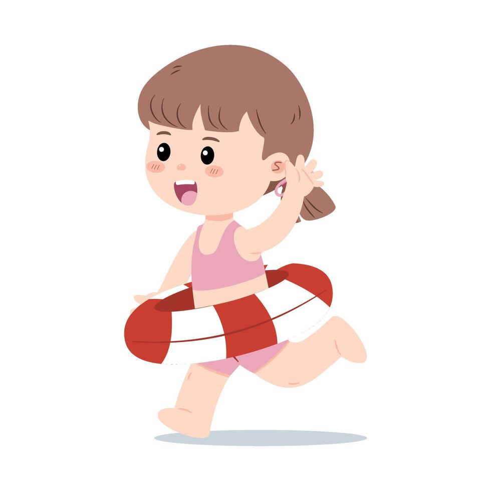 A cheerful girl runs with a swim ring, excited for summer water play. vector