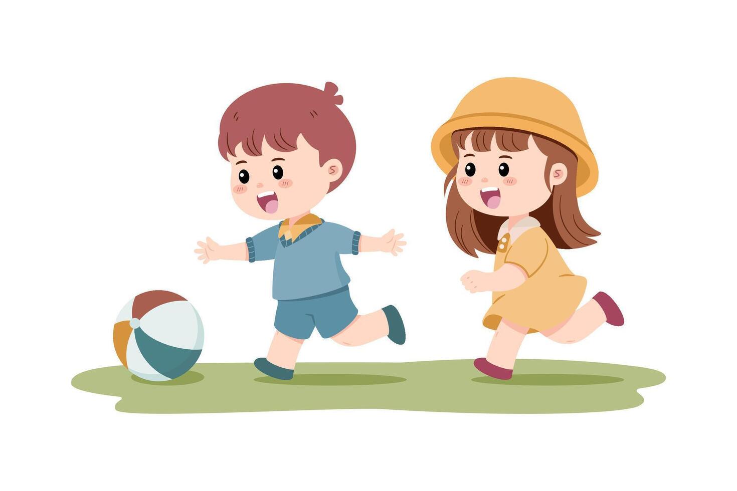Two cheerful children, a boy and a girl, are playing with a colorful ball. vector